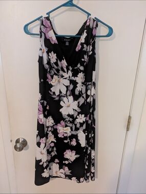 Chaps Black Floral Knee Length Dress with White and Lilac Blooms